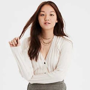 AE Cropped Slim Rib Button Cardigan